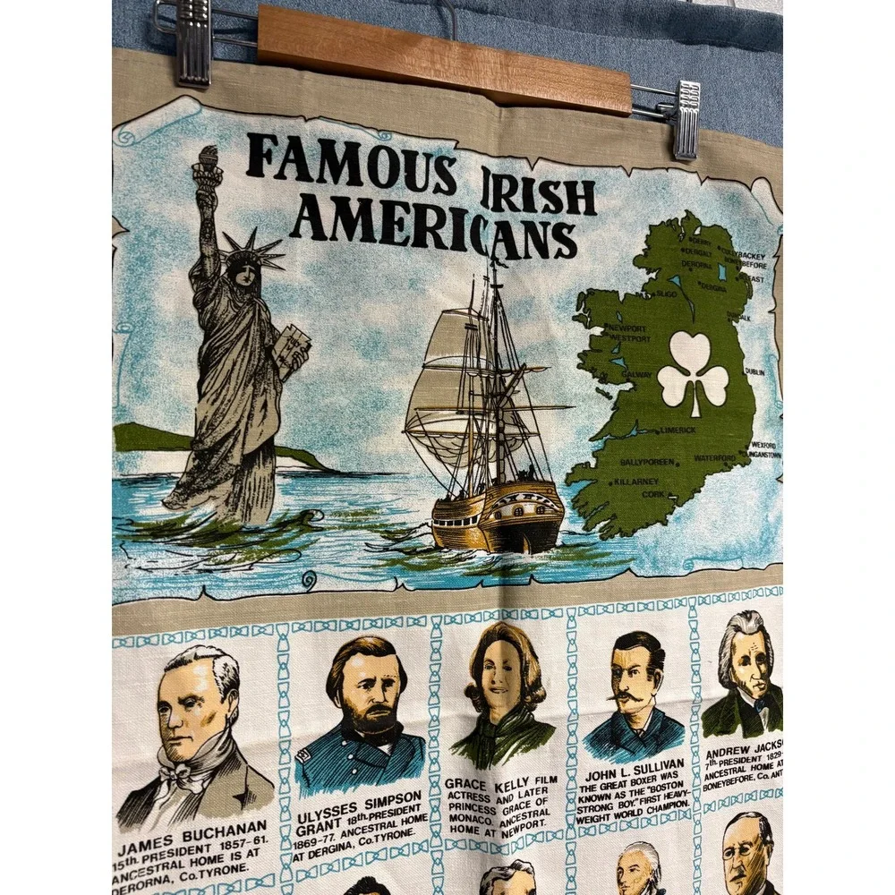Vintage Famous Irish Americans Linen Tea Towel Made in Ireland JFK Reagan Map